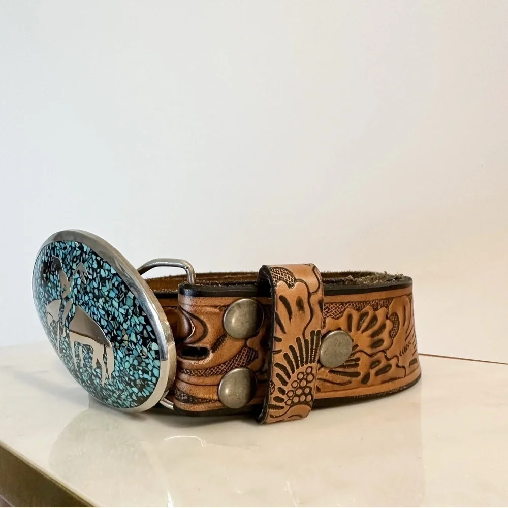 VINTAGE CHAMBERS Tooled Leather Turquoise Silver Buckle south Western Aztec Belt